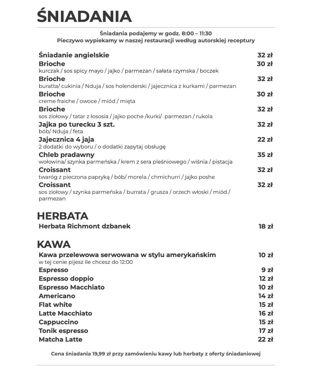 Aktualna karta śniadaniowa Fratelli