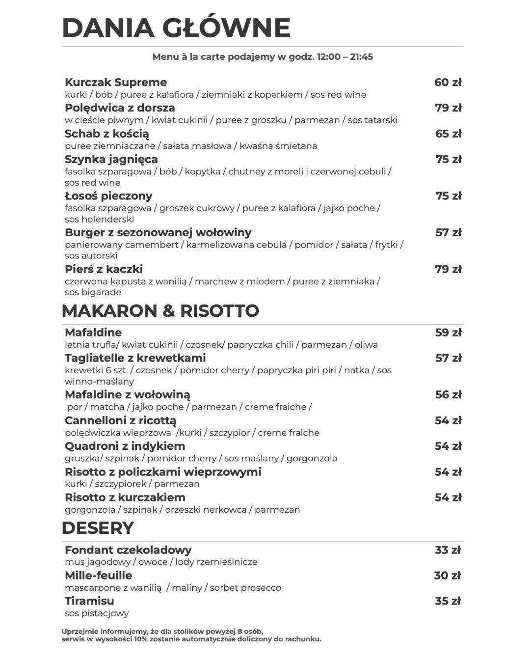 Dania główne, makarony, risotto i desery w aktualnej karcie Fratelli