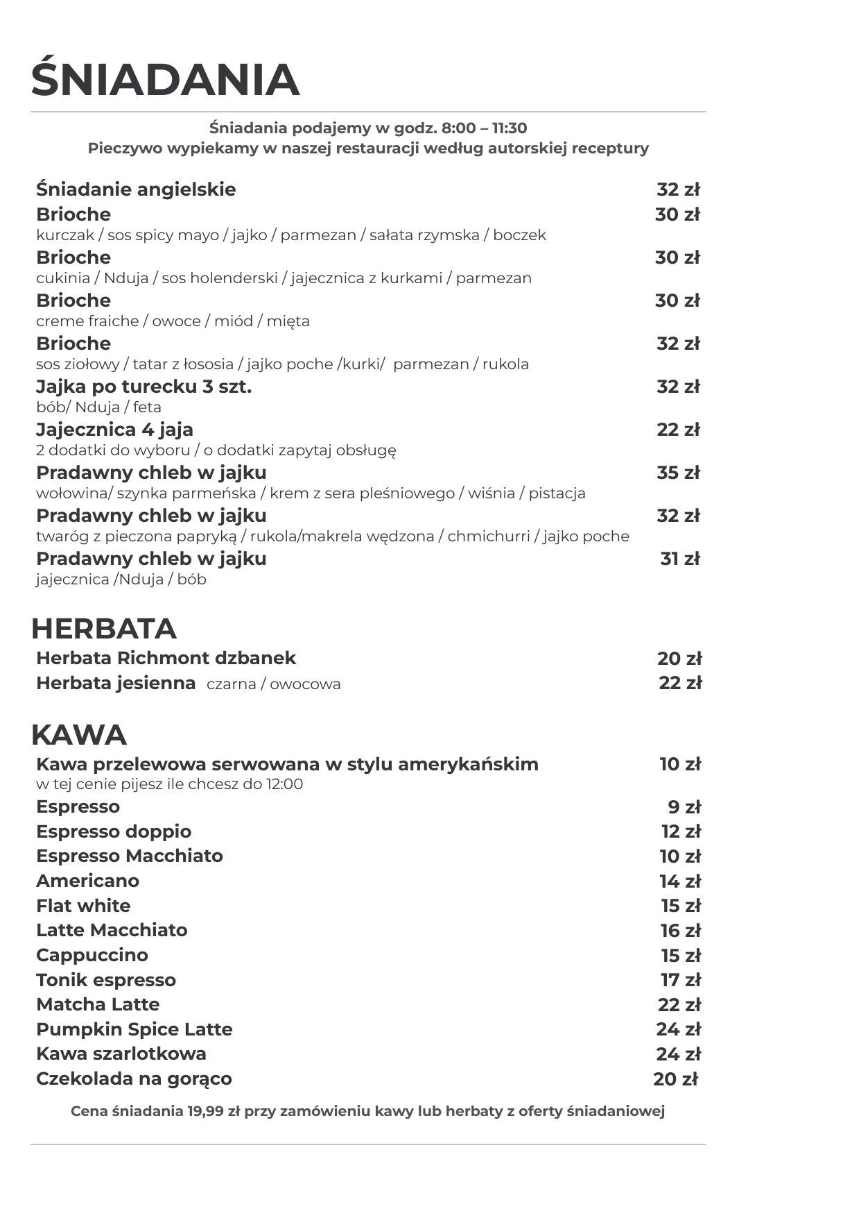 Aktualna karta śniadaniowa Fratelli
