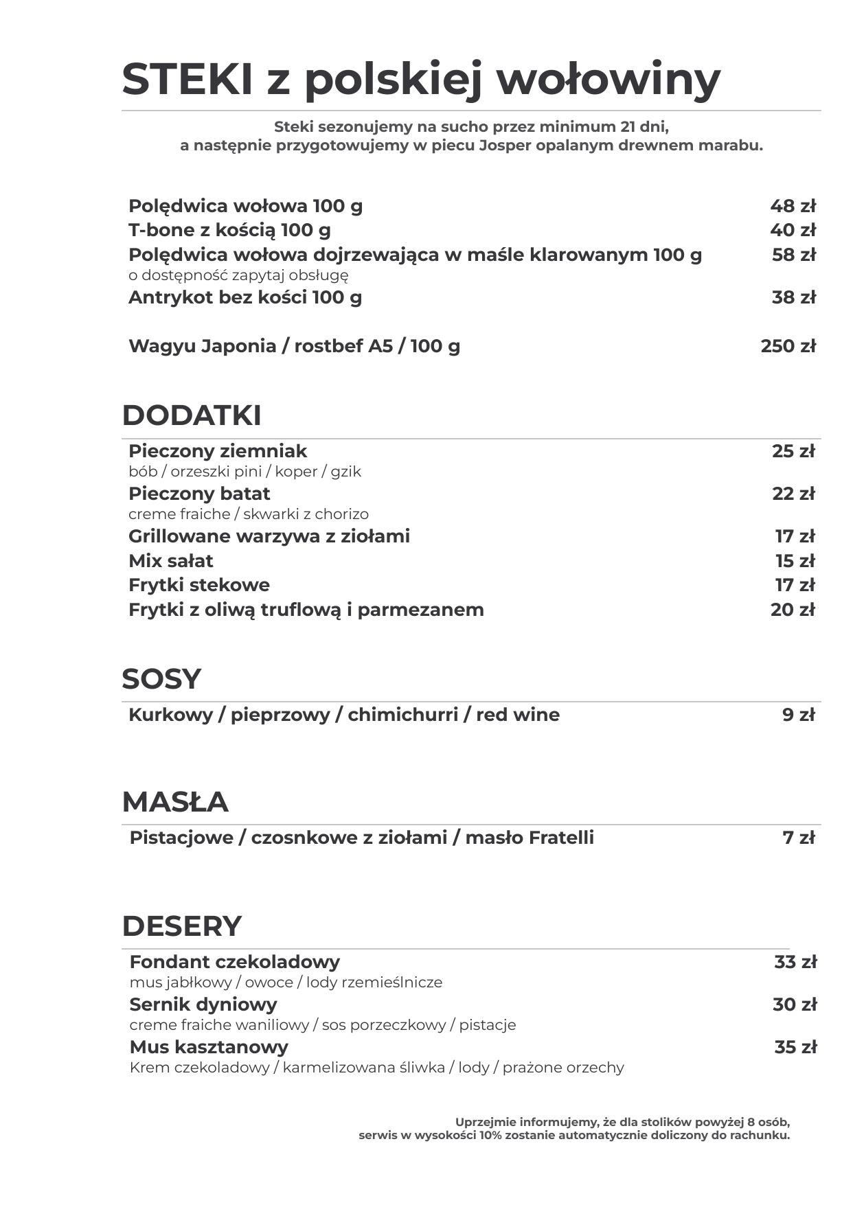 Steki, dodatki, sosy, masła i desery w aktualnej karcie Fratelli