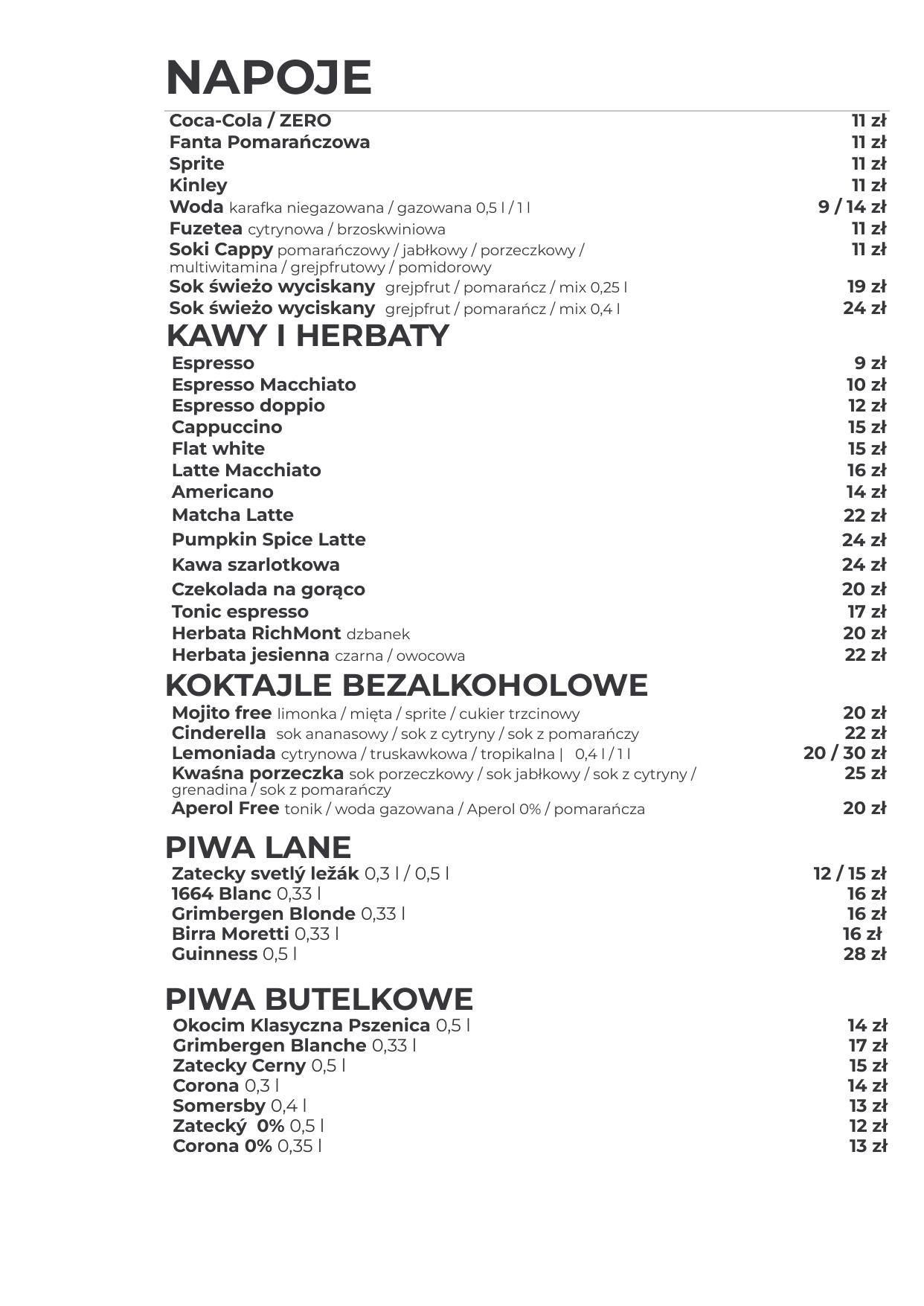Napoje w aktualnej karcie Fratelli