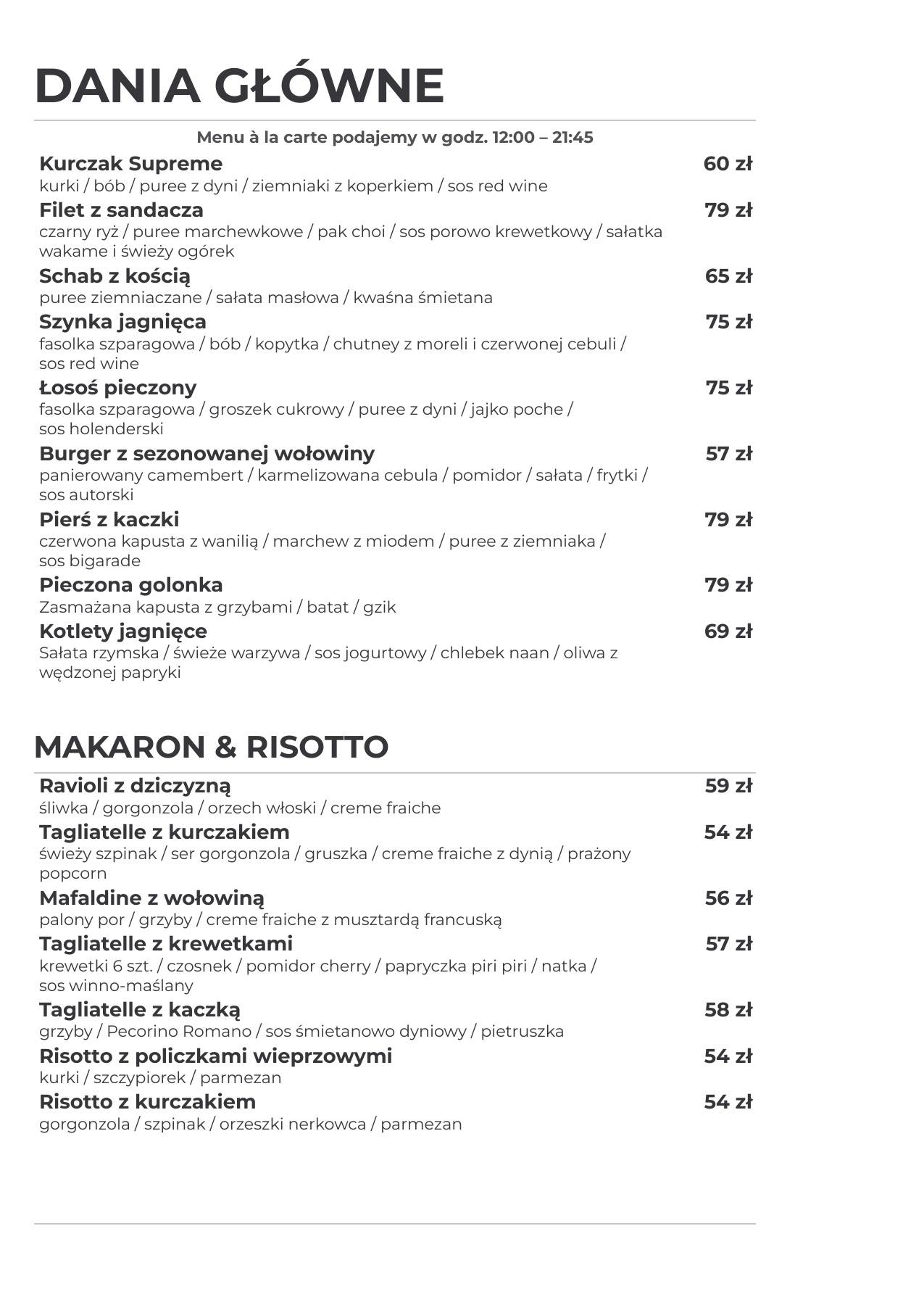 Dania główne, makarony i risotto w aktualnej karcie Fratelli