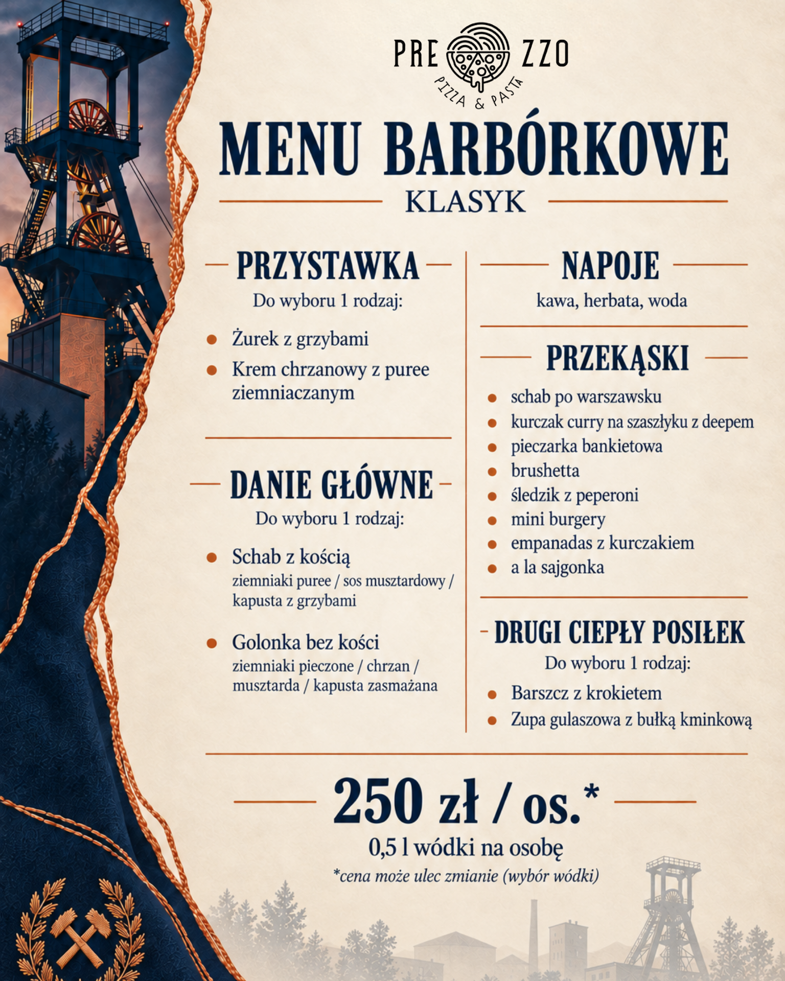 Menu Barbórkowe Prezzo — pakiet Klasyk za 250 zł.
