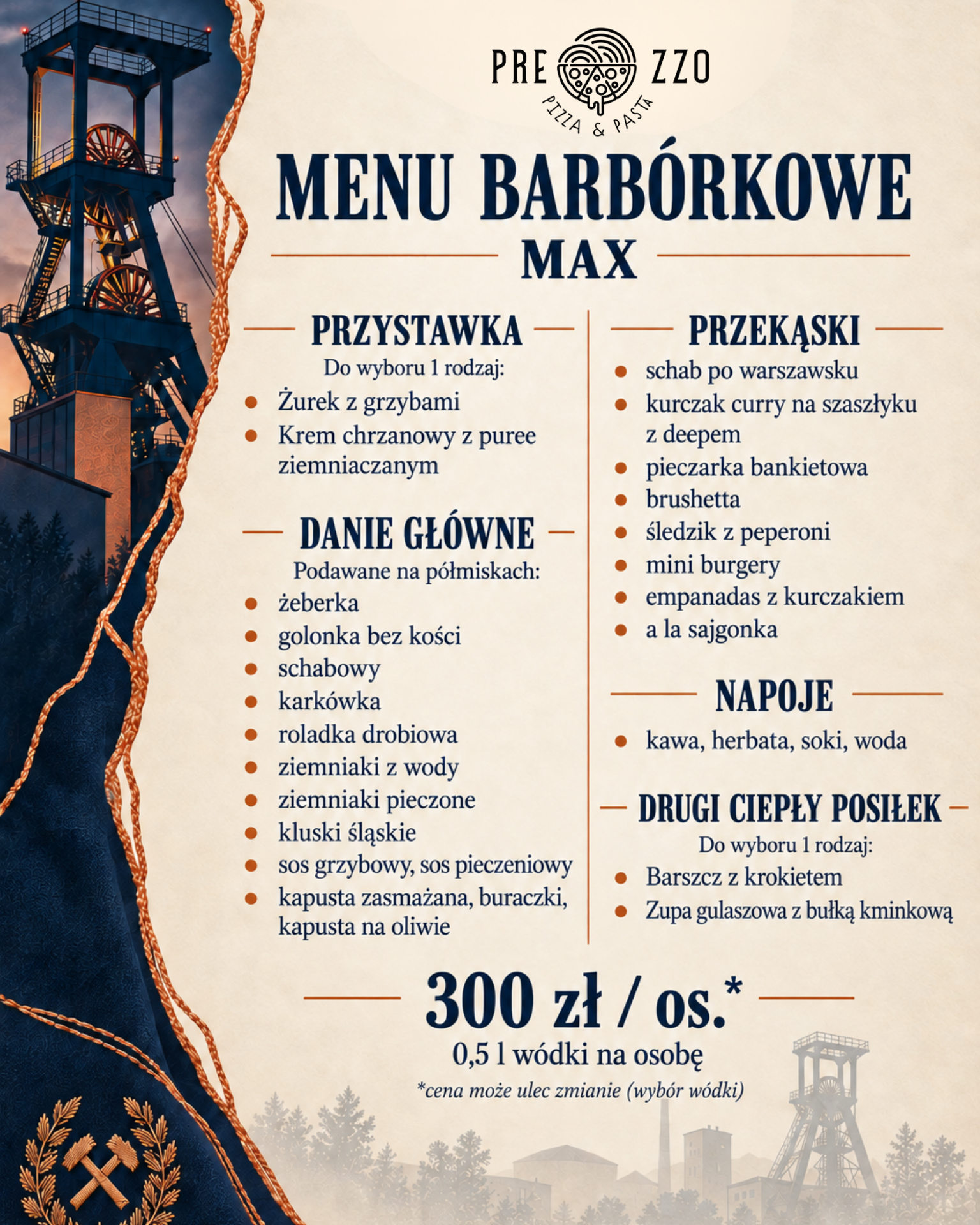 Menu Barbórkowe Prezzo — pakiet Max za 300 zł.
