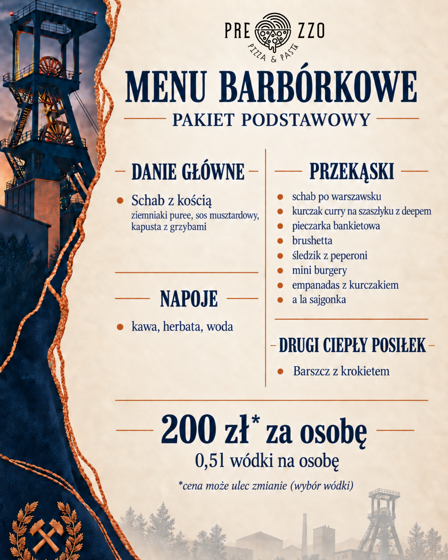 Menu Barbórkowe Prezzo — pakiet podstawowy za 200 zł.