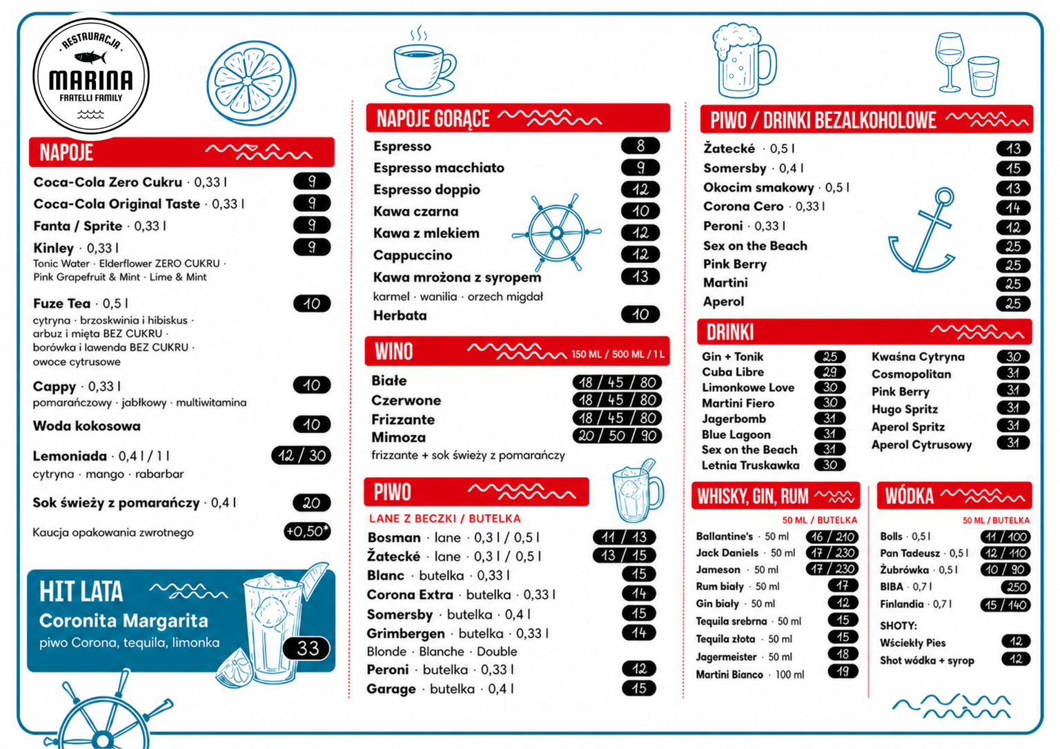 Oficjalna karta menu Mariny — napoje, drinki i desery