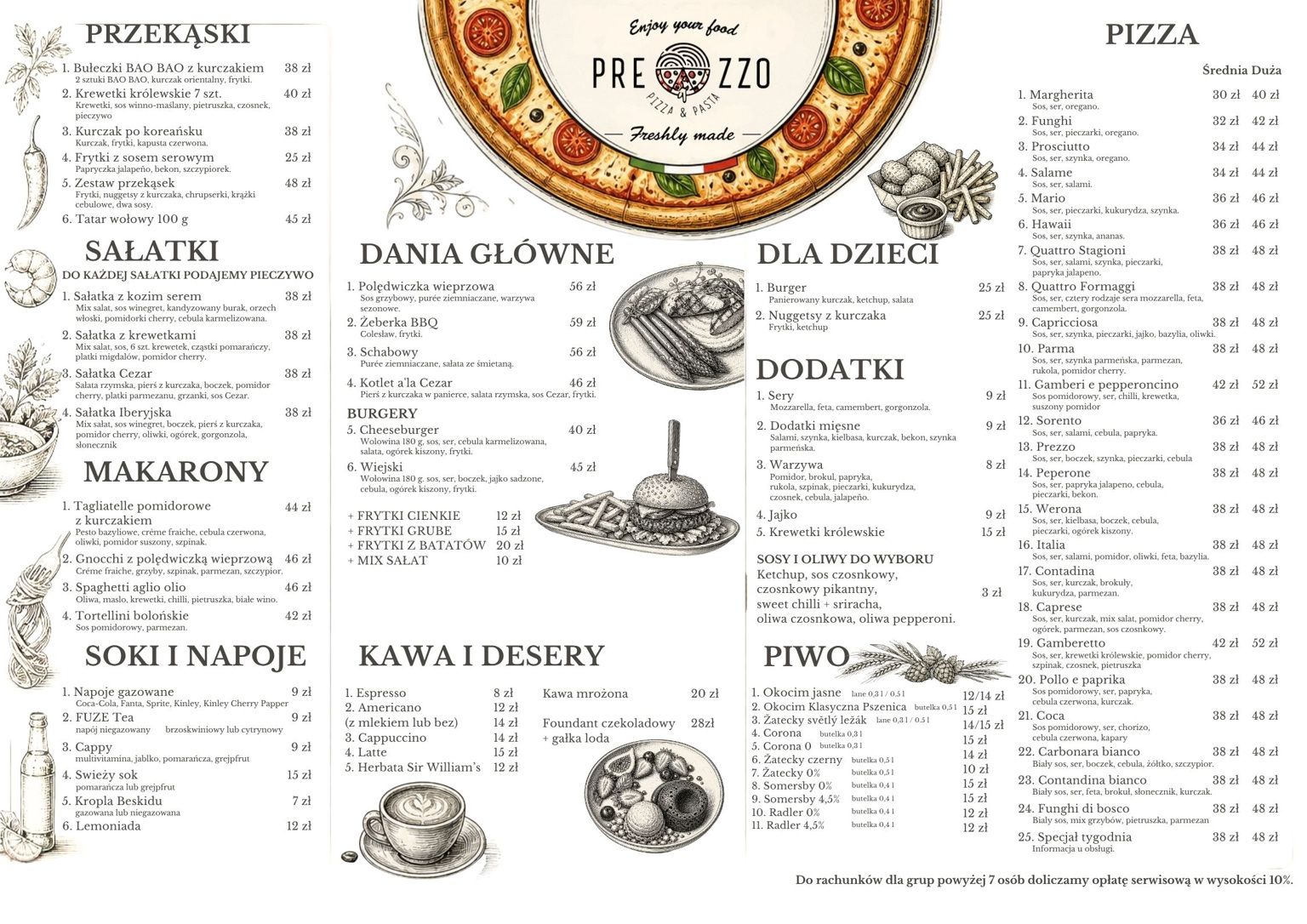 Pełny awers karty Prezzo A3 z jedzeniem i pizzą