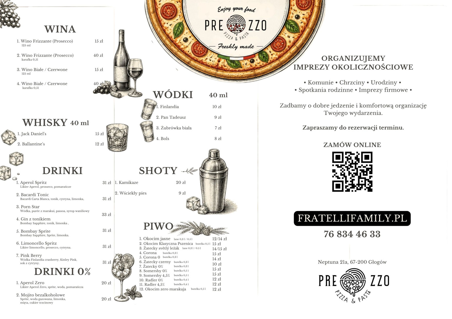Pełny rewers karty Prezzo A3 z napojami, imprezami i zamówieniami