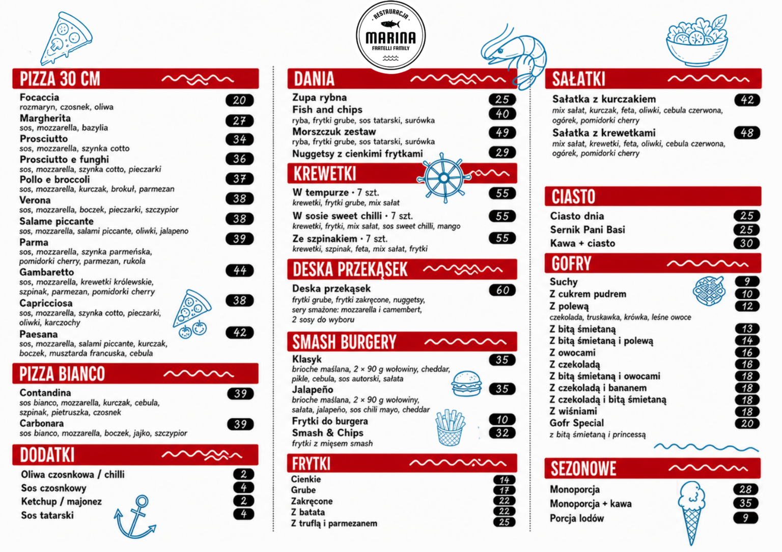 Oficjalna karta menu Mariny — jedzenie